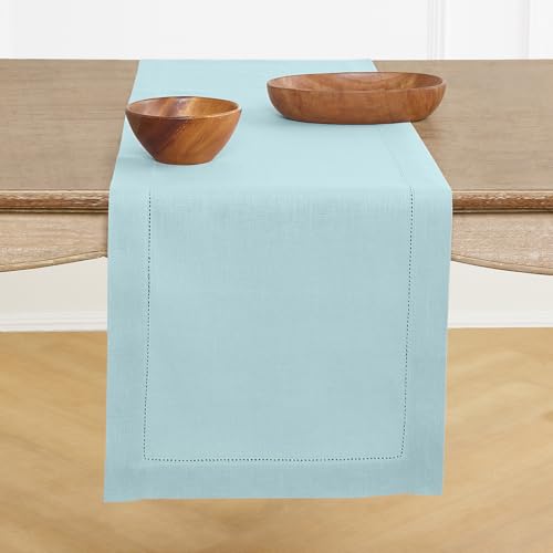 Solino Home 100% Pure Linen Table Runner Aqua Blue Hemstitch, 14 x 144 in - Classic Hemstitch Table Runners for dining, hallway and console table styling - hand hemstitched borders - OEKO-TEX Certified