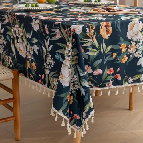 "Erbnaryx French Country Tablecloth for Square Tables,Fringed Edges with Leaves and Flowers Pattern Tablecloths,Farmhouse Floral Table Cover Cloth Decorative for Kitchen Dining Room,59""x 86"""