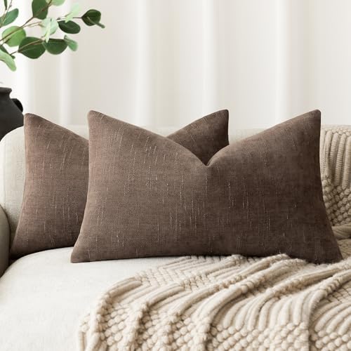 Foindtower Pack of 2 Soft Textured Chenille Throw Decorative Pillow Covers Lumbar Accent Solid Cushion Cover Cozy Neutral Farmhouse Pillow Case for Couch Sofa Bedroom Living Room 12x20 Inch, Chocolate