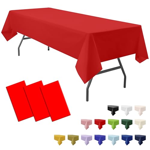 "PartiPallete 3-Pack Premium Plastic Red Tablecloth Disposable 54"" x 108"" Rectangle Table Cover Party PEVA Ruby Shine Red Table Cloths for Birthday Wedding Thanksgiving Christmas Graduation Banquet"