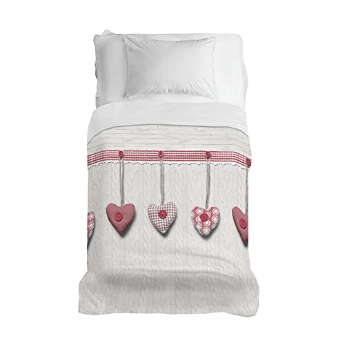 PENSIERI DELICATI Bedspread 170 x 280 cm, Single Sheet 100% Cotton Pique, Ideal as a Furniture Cover, 1 Square Bed Cover, Red Hanging Heart, 100% Made in Italy