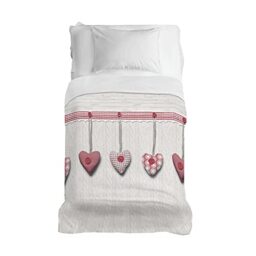 PENSIERI DELICATI Bedspread 170 x 280 cm, Single Sheet 100% Cotton Pique, Ideal as a Furniture Cover, 1 Square Bed Cover, Red Hanging Heart, 100% Made in Italy