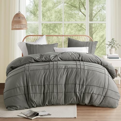 Comfort Spaces Grey Cal King Size Duvet Cover Set - 3-pc Pintuck Pleated Duvet Cover, All Season Lightweight, Extra Softness Pre-Washed Microfiber Bed Cover Shams