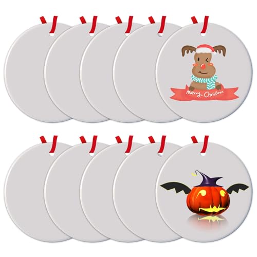 10Pcs Sublimation Ornaments Blanks Round White Blank Ceramic Ornament for Sublimation Personalized 2022 Christmas Ornament Bulk Circle Porcelain Blank Ornaments for Heat Transfer Print DIY Craft Gift