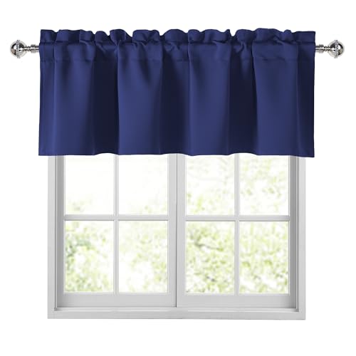 "JIUZHEN Navy Blue Valance Curtains, Blackout Valance for Windows, Rod Pocket Small Window Curtains for Kitchen/Bathroom, 42"" W x 12"" L, 1 Panel"