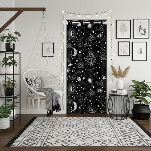 Galaxy Planet Door Curtain for Doorway Privacy,Sun and Moon Starsry Sky Room Divider Curtain Cover,Dark Night Cloud Insulated Closet Curtain for Bedroom Closet Door,1 Panel,52x80 Inch,Black White