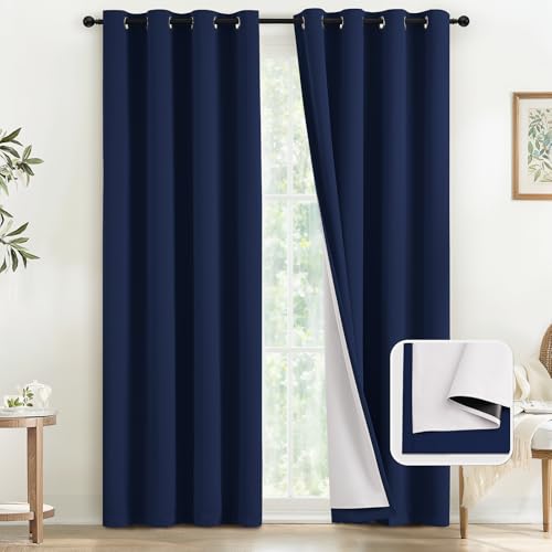 COSVIYA Navy Blue 100% Blackout Curtains for Bedroom with White Back, 2 Thick Layers Full Room Darkening Thermal Insulated Grommet Window Drapes,52x84 Inch, 2 Panels