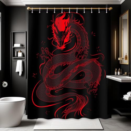 DLTAY Dragon Shower Curtain, Black and Red 72x72 in - Asian Theme, Cool Printed Pattern Design, Japanese Bathroom Decor, Waterproof Polyester Fabric, Plastic Hooks