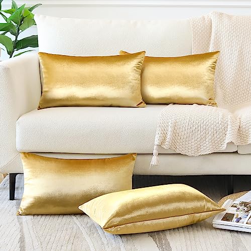 OTOSTAR Set of 4 Decorative Throw Pillow Covers Soft Velvet Solid Lumbar Pillow Cases Luxury Cushion Covers Case for Sofa Car Patio Bedroom Living Room 16x24 Inch, Gold