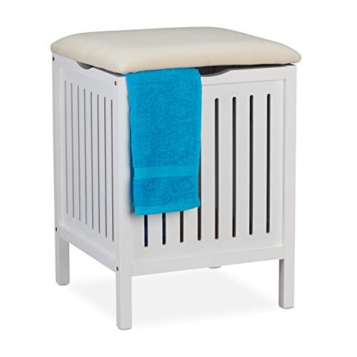 Relaxdays Laundry Basket with Seat, Country Style, Laundry Bin, Wood & Fabric, Bathroom Stool HxWxD: 55x41x41 cm, White