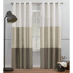 "Exclusive Home Chateau Striped Faux Silk Grommet Top Curtain Panel Pair, 54""x84"", White/Sand"