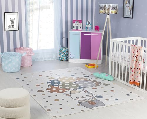 Livabliss Ballon Buddy Bear Washable Kids Carpet 160x213 cm – Soft Animal Design for Bedroom, Nursery & Playroom, Machine Washable Floor Covering, Cream