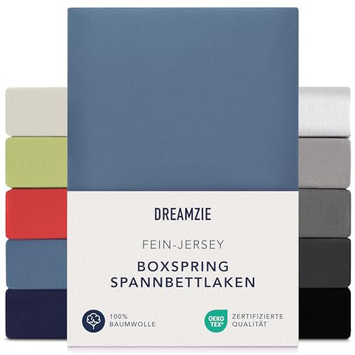 Dreamzie Premium fitted sheet, 180 x 200 cm, 200 x 200 cm, 37 cm side height, also for box spring bed and waterbed, bed sheet, box spring bed, 100% jersey cotton, 150 g/m², Oeko-Tex, blue