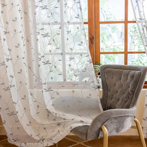 AmHoo 2 Panels Embroidered Leaf Pattern Semi Sheer Curtains Foliage Floral Voile Window Draperies Treatment for Bedroom Living Room Rod Pocket White Light Gray 53 x 63 Inch