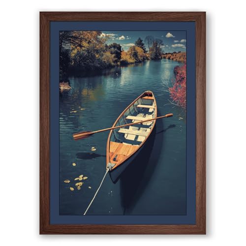 Boat in Turquoise Water Coastal Framed Wall Art Print A2 (59.4×42cm) Walnut, Wall Decor for Living Room, Bedroom, Office & Home, Ready to Hang, Art Gift