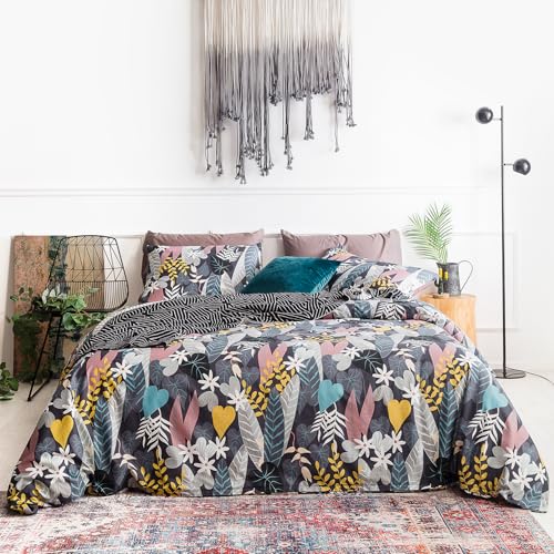 YuHeGuoJi Black Plant Duvet Cover Queen 100% Cotton 3 Pcs Set 1 Hawaiian Tropical Leaves Duvet Cover with Zipper Ties 2 Pillowcases Yellow Grey Botanical White Boho Floral Bedding Set Soft