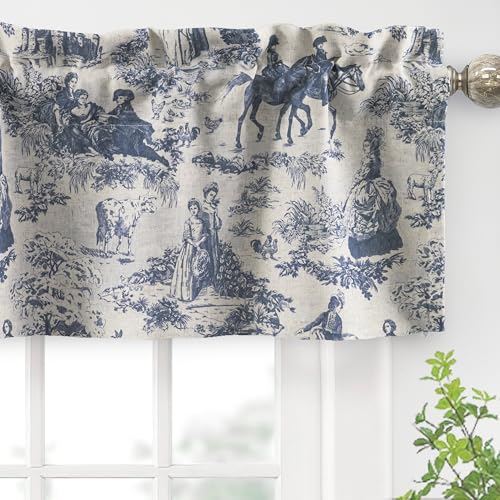 DriftAway Toile Linen Lined Valance Double Layer Thermal Room Darkening Blackout Window Valance Curtain for Kitchen Bathroom Farmhouse French Country Vintage Printed Pattern Single 52 x 14 Inch Navy