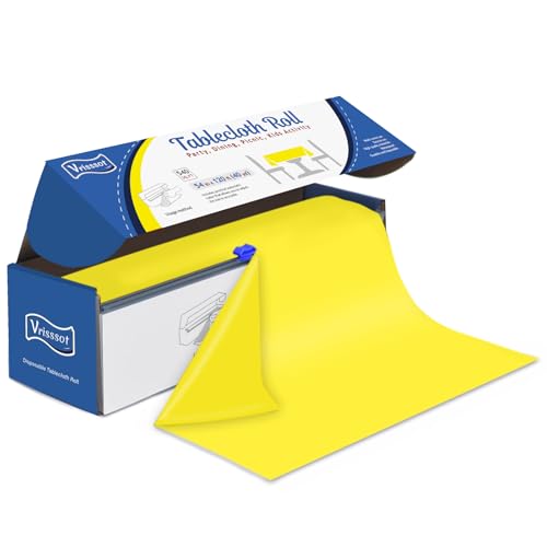 Vrisssot Plastic Table Cover Roll Disposable Tablecloth: 54in X 120ft Table Covers Plastic Table Cover Roll with Easy Slide Cutter Plastic Table Cloths for Parties Disposable-Yellow
