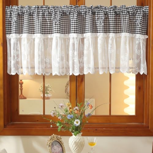"Huierxun Black and White Buffalo Check Plaid Window Valances Floral Lace Semi Sheer Kitchen Curtain Farmhouse Gingham Curtains Rod Pocket Valances for Living Room (Black A,42""x18"")"