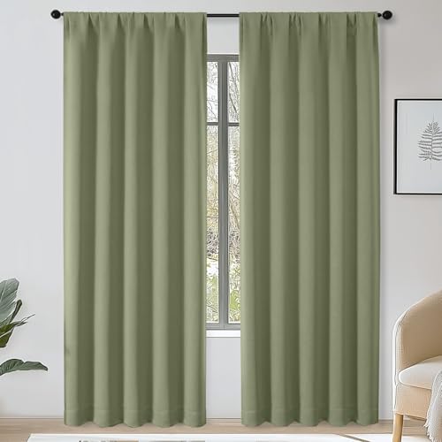 OWENIE Sally Sage Green Blackout Curtains 84 Inches Long 2 Panels Set for Bedroom Living Room, Solid Thermal Insulated Privacy Room Darkening Window Treatment Drapes, 2 Pcs Each W50 x L84 Inch, Sage