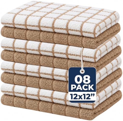 "Bumble Premium Cotton Dish Cloths (12"" x 12"") Tan Check Design - Highly Absorbent, Natural Ring Spun Cotton - Kitchen Dish Towel Set - 380 GSM - 8 Pack"