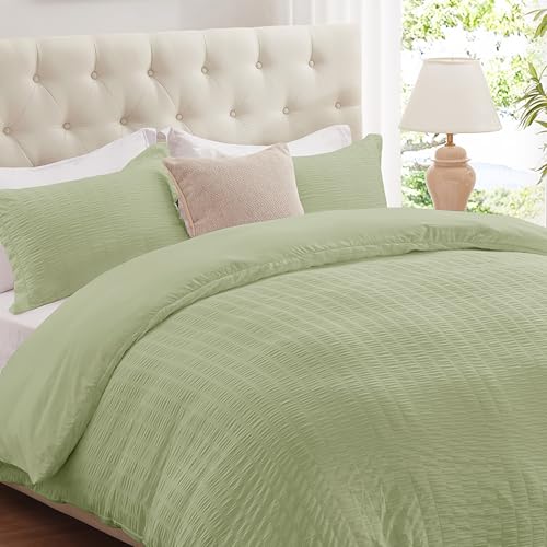 "Cozyide Green Duvet Cover Full Size, 3 Pieces Bedding Duvet Covers, Soft Breathable Seersucker Duvet Cover Set with Zipper Closure and Corner Ties (1 Duvet Cover 80""x90"" + 2 Pillow Shams 20""x26"")"