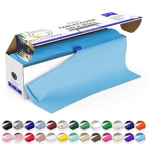 Grandipity Plastic Tablecloth Roll - 54in x 100 Ft. Sky Blue Plastic Table Cloths for Parties Disposable with Cutter Box - Cut to Size Disposable Tablecloth Table Cover for Rectangle & Round