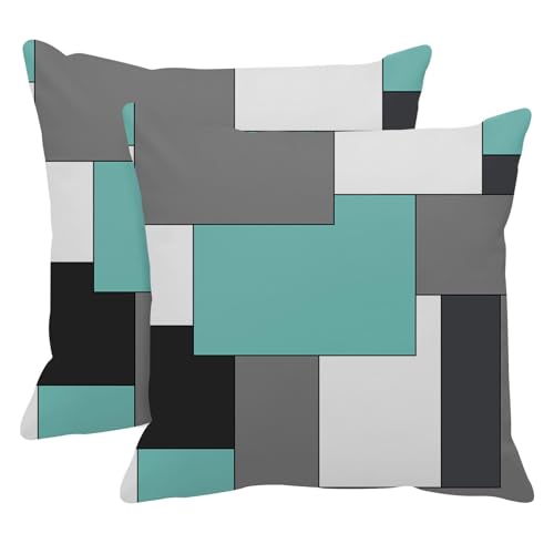 Emvency Set of 2 Teal Geometric Throw Pillow Cover Black Grey White Painting Abstract Checkered Design Decorative Pillow Case Modern Home Decor Standard Square 18x18 Inch Cushion Pillowcase