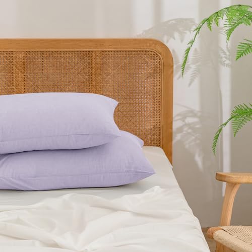 BESTOUCH Washed Cotton Pillowcases Linen Feel Taro Purple Queen - 100% Washed Cotton, Linen Feel, Soft Wrinkle Texture, Envelope Closure, Breathable Lightweight Durable Comfy, 2 Pcs No Insert