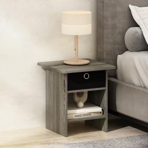 Furinno TIDUR Night Stand, Square Round Corner Nightstand with Storage Bin, Bedside Table, End Table, Side Table with Storage Shelf, for Bedroom, Living Room, French Oak