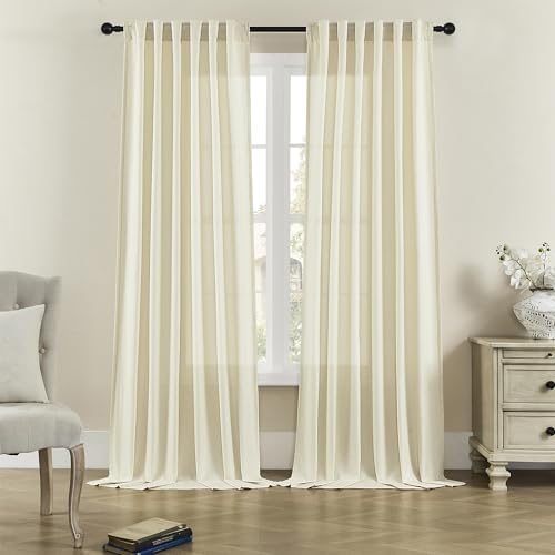 DONREN Cream Long Curtains 108 Inch Length for Living Room Dining 2 Panels Set Back Tab Loop Pocket Drape Semi Privacy Sheer Linen Cream Curtain for Patio Sliding Door Modern Farmhouse Decor 50x108