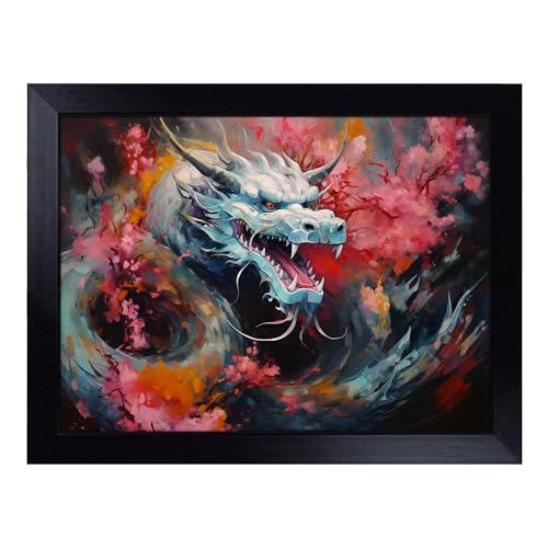 Lap Tray with Bean Bag Cushion, Chinese Dragon Abstract - Handmade in the UK, Raised Wooden Edge, Padded Cushion, Heat-Resistant Wipe-Clean Surface, for Meals, Laptops and Crafts
