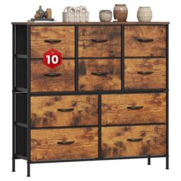 GoaHi Chest of Drawers, Large Dressers with Metal Frame and MDF Wooden Top Board, Adjustable Feet, Anti-Tip Safety, Storage Unit with 10 Drawers for Bedroom, Living Room, Closet, Office Rustic Brown