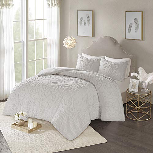 "Madison Park Laetitia 100% Cotton Duvet Set-Chenille Tufted Locket Design All Season Cozy Bedding Shabby Chic Duvet Matching Shams, Full/Queen (90""x90""), Floral Grey"