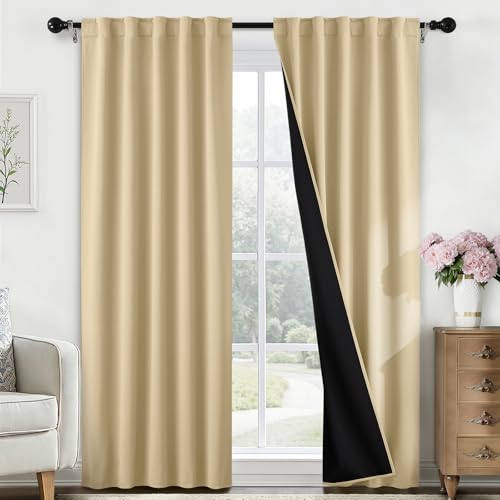 SimpleHome 100% Blackout 84 Inch Beige Curtains for Living Room - Curtains for Bedroom,Rod Pocket and Back Tab Window Drapes,Room Darkening Curtains with Black Back,52 x 84 Inch,2 Panels