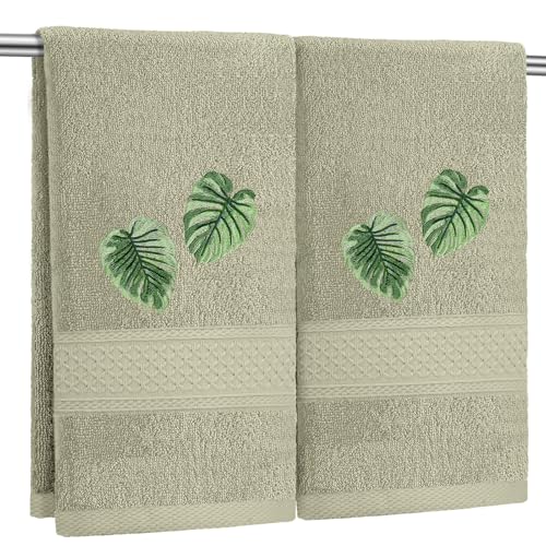 SmoothNovelty 2 Pcs Tropical Palm Leaves Hand Towels Gray Green Bathroom Decor 14x29 Inch Embroidered 100% Cotton Soft Absorbent Spring Summer Washcloths Decorative Hand Towels for Bathroom Kitchen