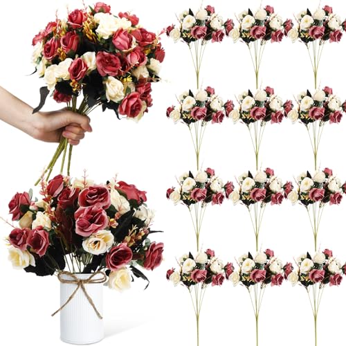 Hotop 12 Bunches of Artificial Flowers Centerpiece 13 Inches Silk Fake Roses Bouquets for Table Decoration Faux Arrangement Flowers for Wedding Cemetery Memorial Day (Coffee)