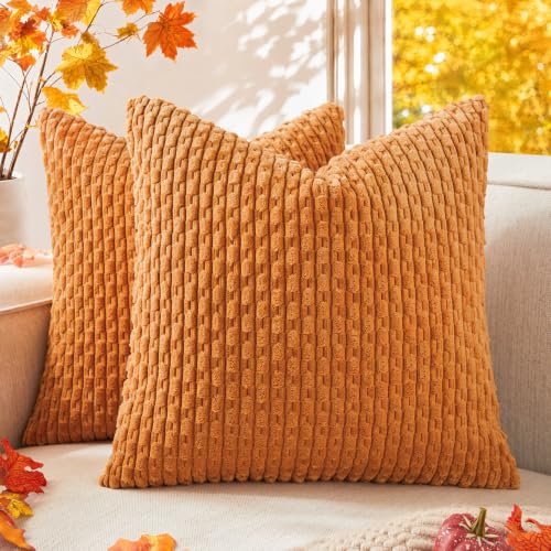 Kevin Textile Throw Pillow Covers Soft Corduroy Decorative Set of 2 Boho Striped Pillow Covers Pillowcases Farmhouse Home Decor for Couch Bed Sofa Living Room 20x20 Inch Orange Yellow