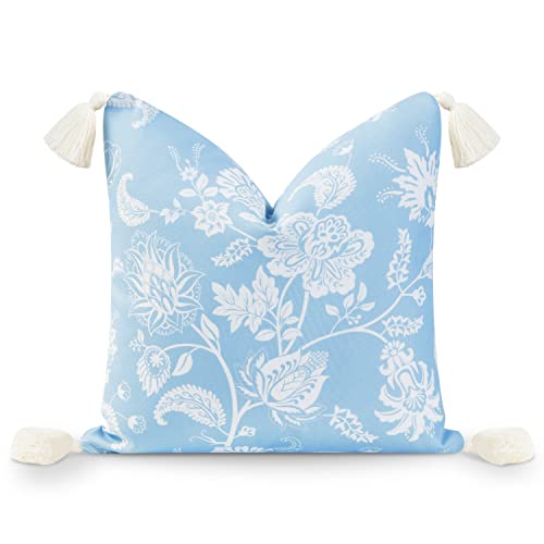 Hofdeco Premium Coastal Hampton Style Patio Indoor Outdoor Cushion Cover, Throw Pillow Cover Only, 18''x18'' Water Resistant for Backyard, Couch, Baby Blue Floral Tassel