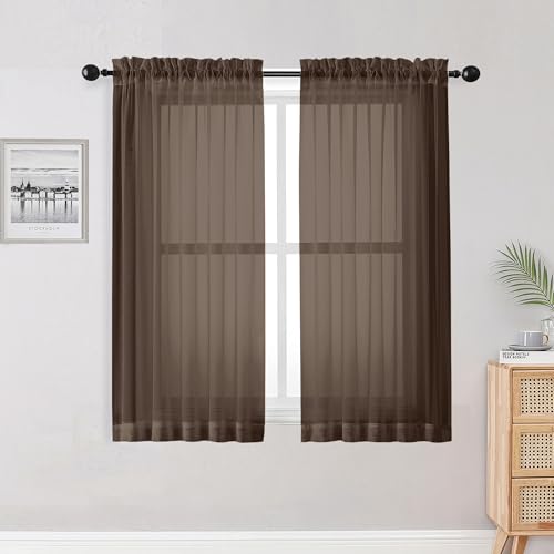 "OWENIE Sheer Curtains 54 inches Long for Living Room Bedroom, Rod Pocket Light Filtering Voile Sheers Panels Drapes Small Window Treatments 2 Panels, 42"" W x 54"" L, Chocolate"