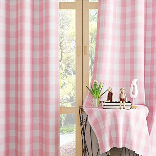 "UPOPO Buffalo Check Window Curtains 63 inches Long Living Room Bedroom Cotton Plaid Gingham Farmhouse Rustic Decor Curtains 2 Panels Rod Pocket Kitchen Basement Curtain Panels Pink White 52""x63"""