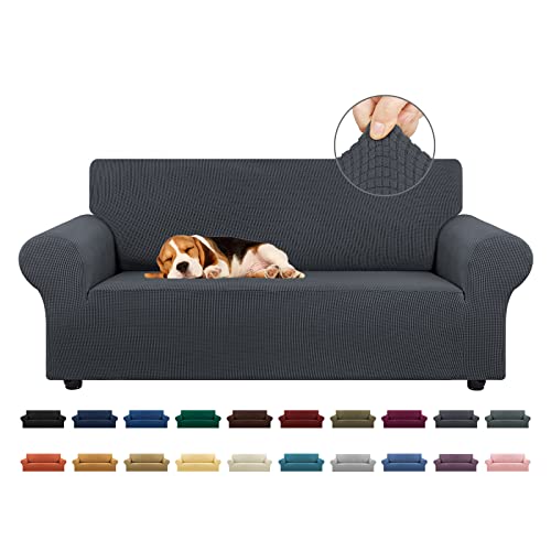 "KEKUOU Stretch Loveseat Sofa Cover Slipcover,Couch Covers for 2 Cushion Couch Sofa (55""-79"") Furniture Protector Sofa with Elastic Bottom for Kids,Dog. Jacquard Small Checked (Medium,Charcoal)"