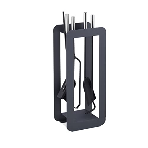 Relaxdays 5-Piece Fireplace Companion Set Steel Utility Accessories, Modern, Stand, Tongs, Shovel, Poker, Grey/Silver, 60 x 22.5 x 16 cm