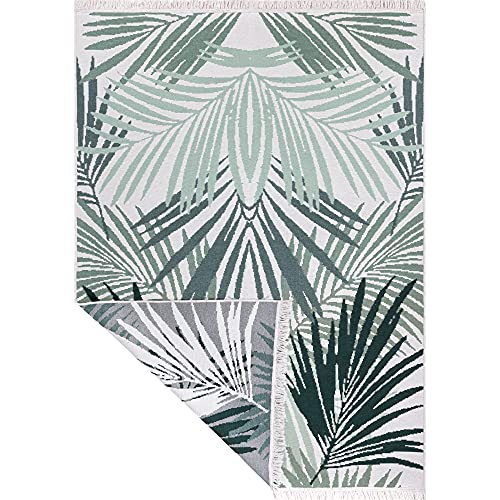 Fashion4Home Short Pile Boho Kilim Rug, Living Room Rug, Bedroom and Kitchen Rug, Rug Runner, Hallway Rug, Children's Room Rug, Palm Green/White, Green: 140 x 200 cm