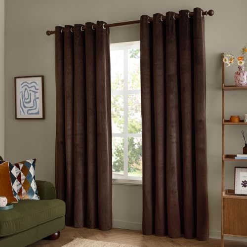 furn. The Ultimate Velvet Eyelet Curtain Pair (Cocoa - 168x183cm) - Soft Stylish Light Filtering Matte Velvet Curtains