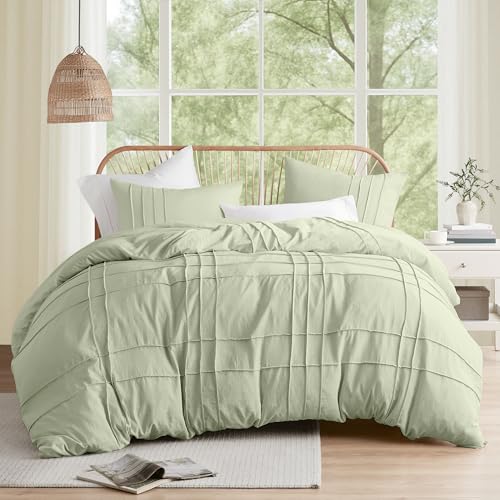 Comfort Spaces Sage Queen Size Duvet Cover Set - 3 Pieces Pintuck Pleated Duvet Cover Queen, All Season Lightweight, Extra Softness Pre-Washed Microfiber Queen Bedding Cover Shams, Full/Queen