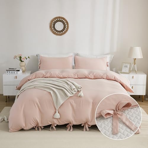 annadaif Duvet Cover Set Queen Size 3 Pieces Soft Washed Microfiber Duvet Cover Set with Bows, 1 x Duvet Cover 90 x 90 Inches, 2 x Pillowcases, Easy Care Bedding Set for Women