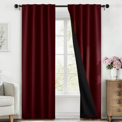 SimpleHome 100% Blackout 84 Inch Burgundy Red Curtains for Living Room - Curtains for Bedroom,Rod Pocket and Back Tab Window Drapes,Room Darkening Curtains with Black Back,40 x 84 Inch,2 Panels