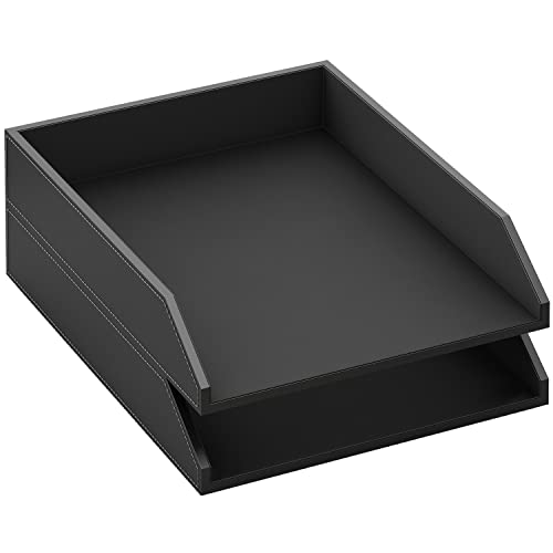 Thipoten Leather Letter Tray, Stackable Desk Organizer Holder for Office Supplies, Paper, File, Magazine, Perfect Office Organization for Desktop (Black-2Tiers)