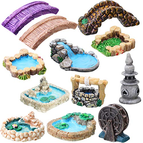 Jetec 12 Pcs Garden Accessories Miniature Bridge Mini Lighthouse Water Well Bridge Figurines Pond Lawn Garden Ornament Figurines for DIY Craft Garden Decor (Classic Style)